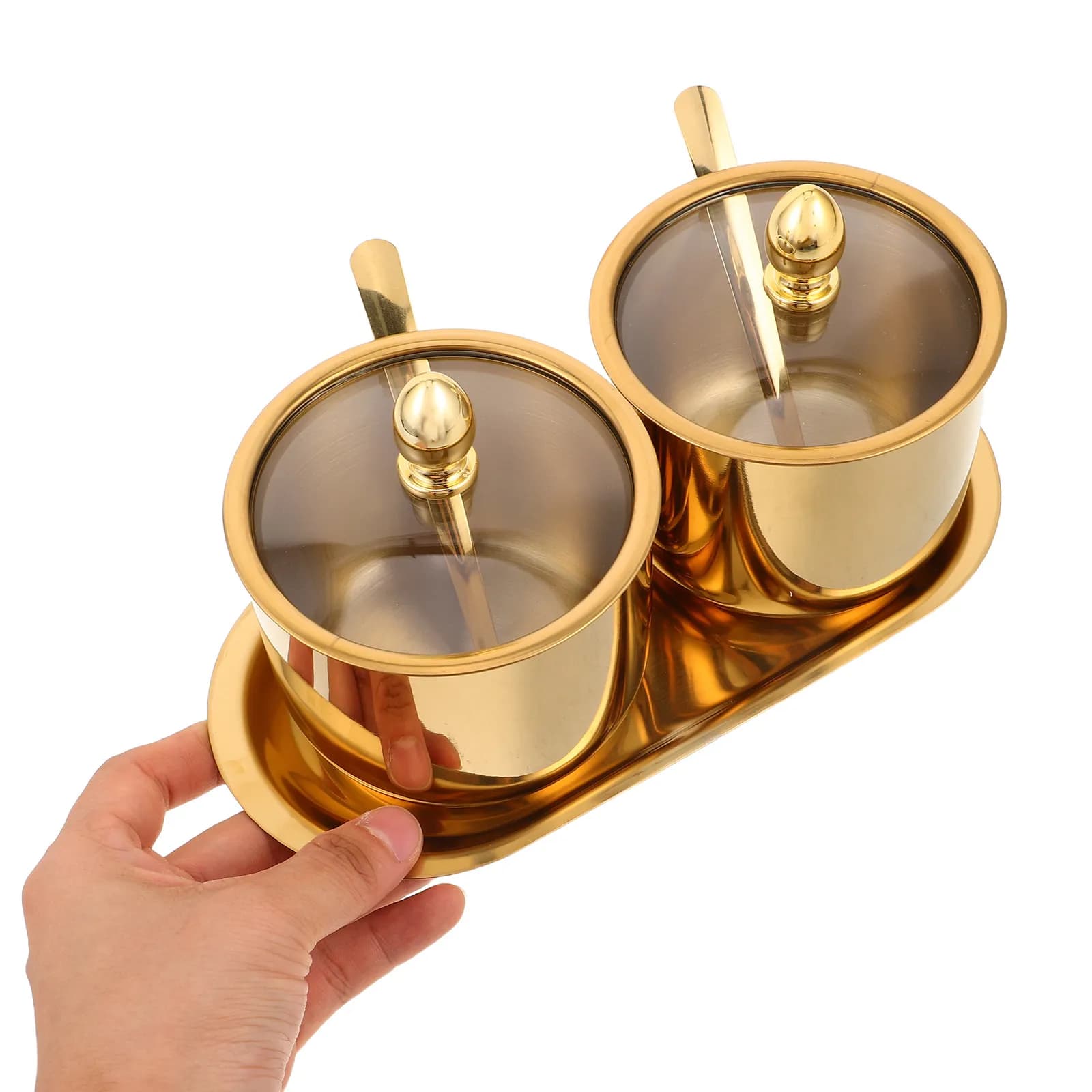 Set di Contenitori per Spezie in Acciaio Inox con Coperchio in Vetro, Vassoio e Cucchiaio, Organizzatore per Sale e Zucchero