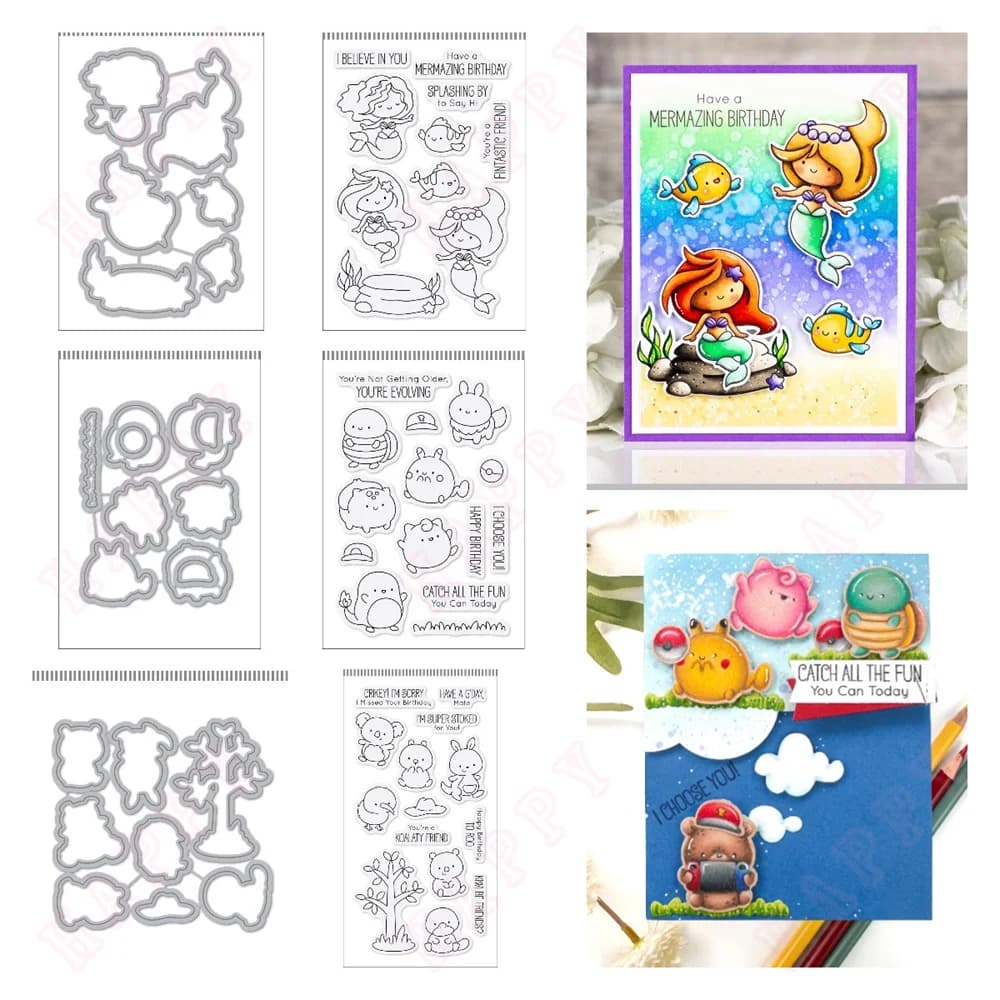 Fintastic Friends mermaids Clear Stamps and Metal Cutting Dies Sets for DIY Craft Making Greeting Card Scrapbooking Decoration