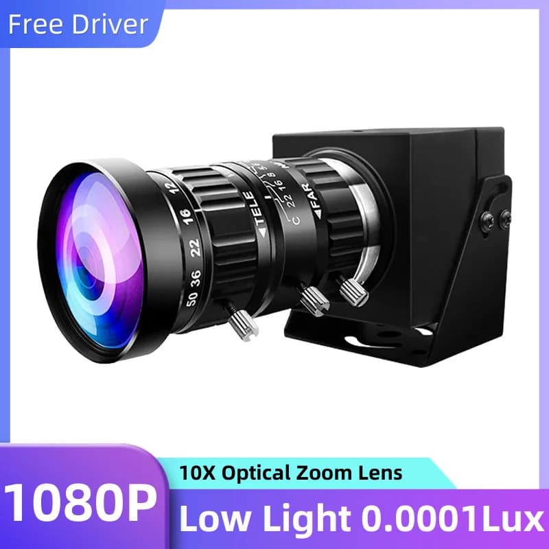 0.0001Lux Low Light USB Webcam 1080P 30FPS H.264 100dB HDR Camera with CS 10X 5-50mm Manual Zoom Lens for PC Night Vision