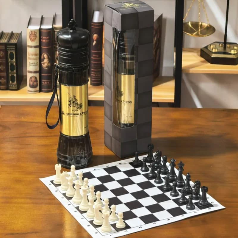 Set di Scacchi Internazionali da Esterno a Forma di Barile, Pezzi 3D Bianchi e Neri, Scacchiera Portatile 51cm