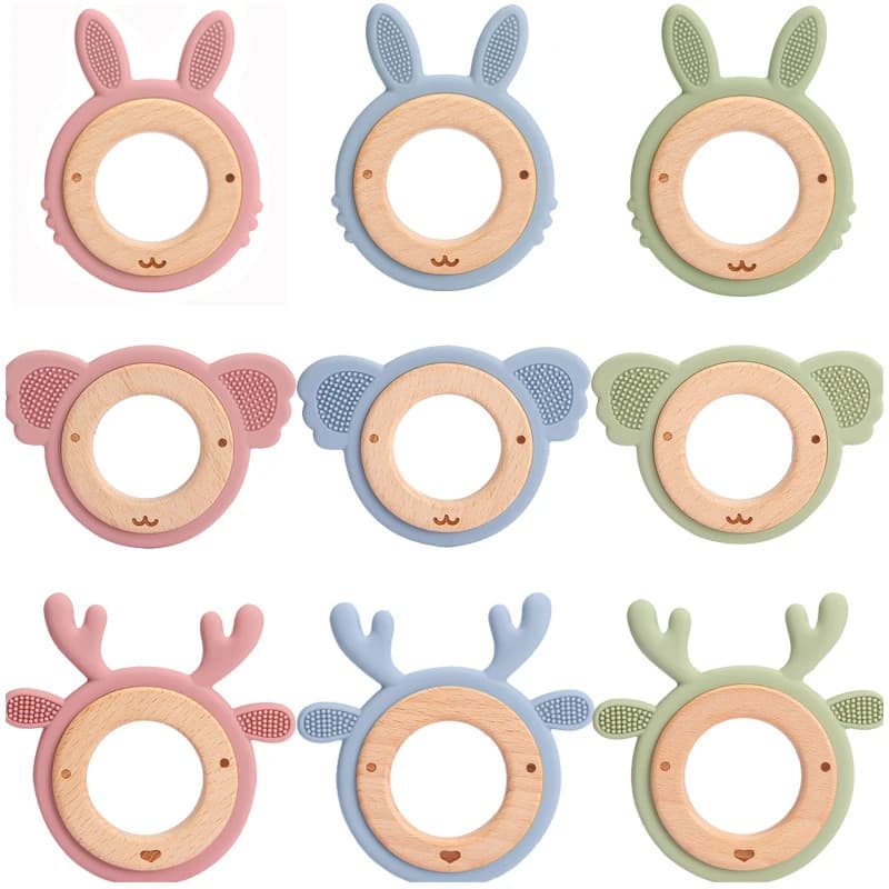 Silicone massaggiagengive Koala Elk giocattoli anelli di legno massaggiagengive roditori sonagli in legno di faggio masticare prodotti per bambini massaggiagengive per bambino