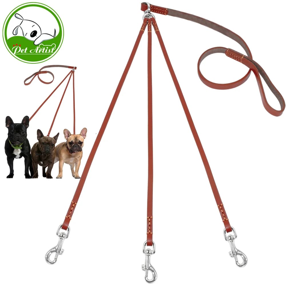 Guinzaglio per cani triplo in pelle con accoppiatore per guinzaglio per cani a tre vie senza piombo per cani che camminano a 3 persone