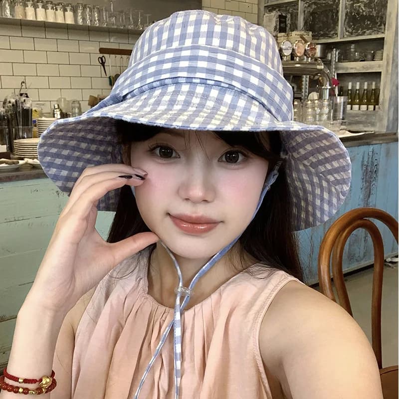 Bow Tie Plaid Bucket Hat Women Summer UV Protection Wide Brim Sun Visor Adjustable Beach Outdoor Travel Cap
