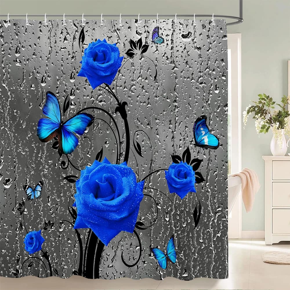 Pianta rosa blu con decorazione floreale per bagno tenda da doccia 180*180CM con ganci