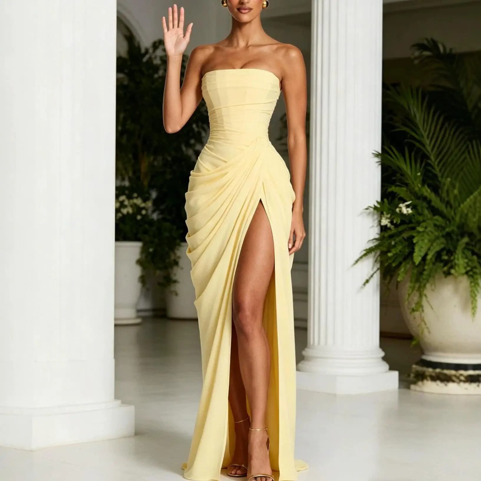 Strapless High Slit Long Skirt Dress Fishbone Style mid Waist No Sleeve Polyester Fabric Asymmetrical Hemline Slim Fit Casual...