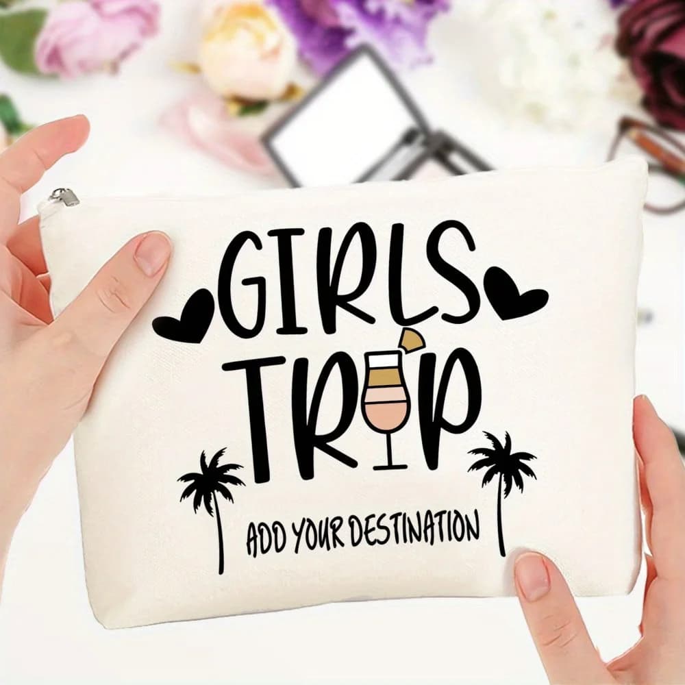 Borsa da viaggio personalizzata per trucchi, pochette cosmetica da viaggio per ragazze, chiusura con cerniera bianca e nera, perfetta per crociere e viaggi.