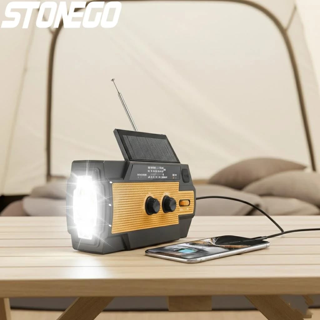 Radio Solare Portatile di Emergenza con Manovella 4000mAh AM/FM/NOAA, Torcia 1W, Caricabatterie per Telefono, Allarme SOS