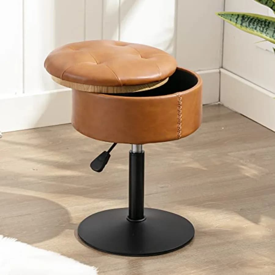360 ° Sgabello Girevole per Trucco, Sedia Regolabile in Altezza con Contenitore, Piccolo Sgabello in Ecopelle per Bagno