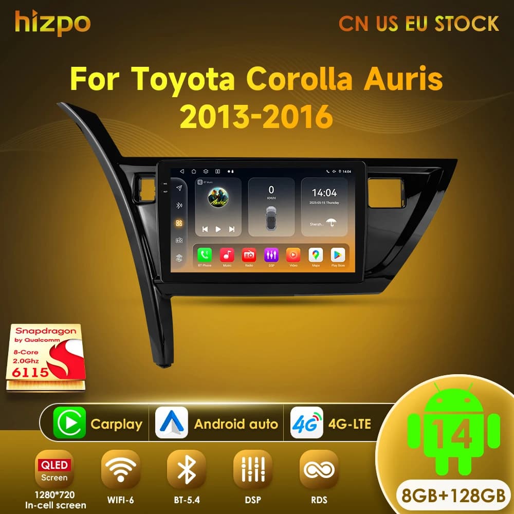 Hizpo 8 + 128G Autoradio Stereo Per TOYOTA Corolla Auris 2013-2016 Wireless Carplay Android Auto Lettore Multimediale Stereo 4G 10.1"