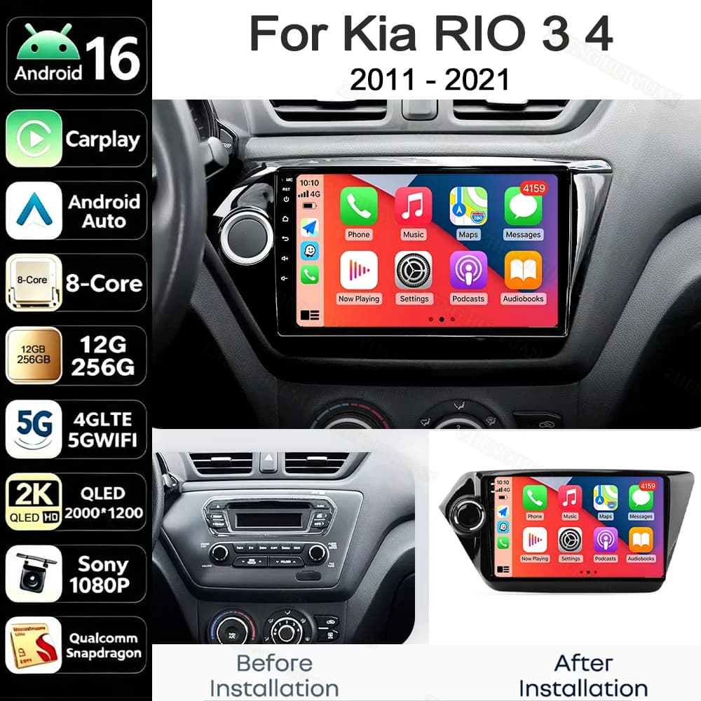 Per Kia RIO 3 4 2011 - 2021 Android 15 Auto Carplay Autoradio Navigazione GPS Lettore multimediale Bluetooth DSP WIFI 4G RDS BT