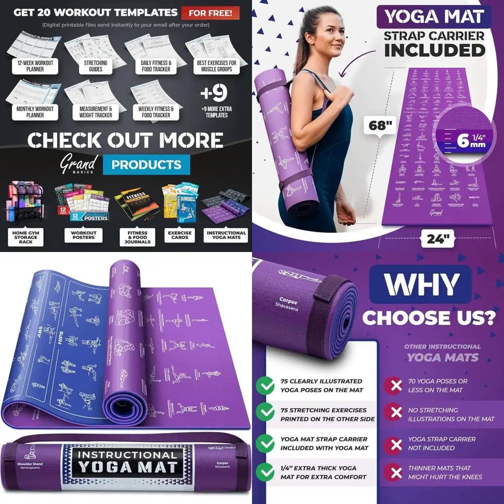 Portable yoga mat with 75 cutlery and exercises - Mat 1/4 thick, non-slip, non-toxic for all levels