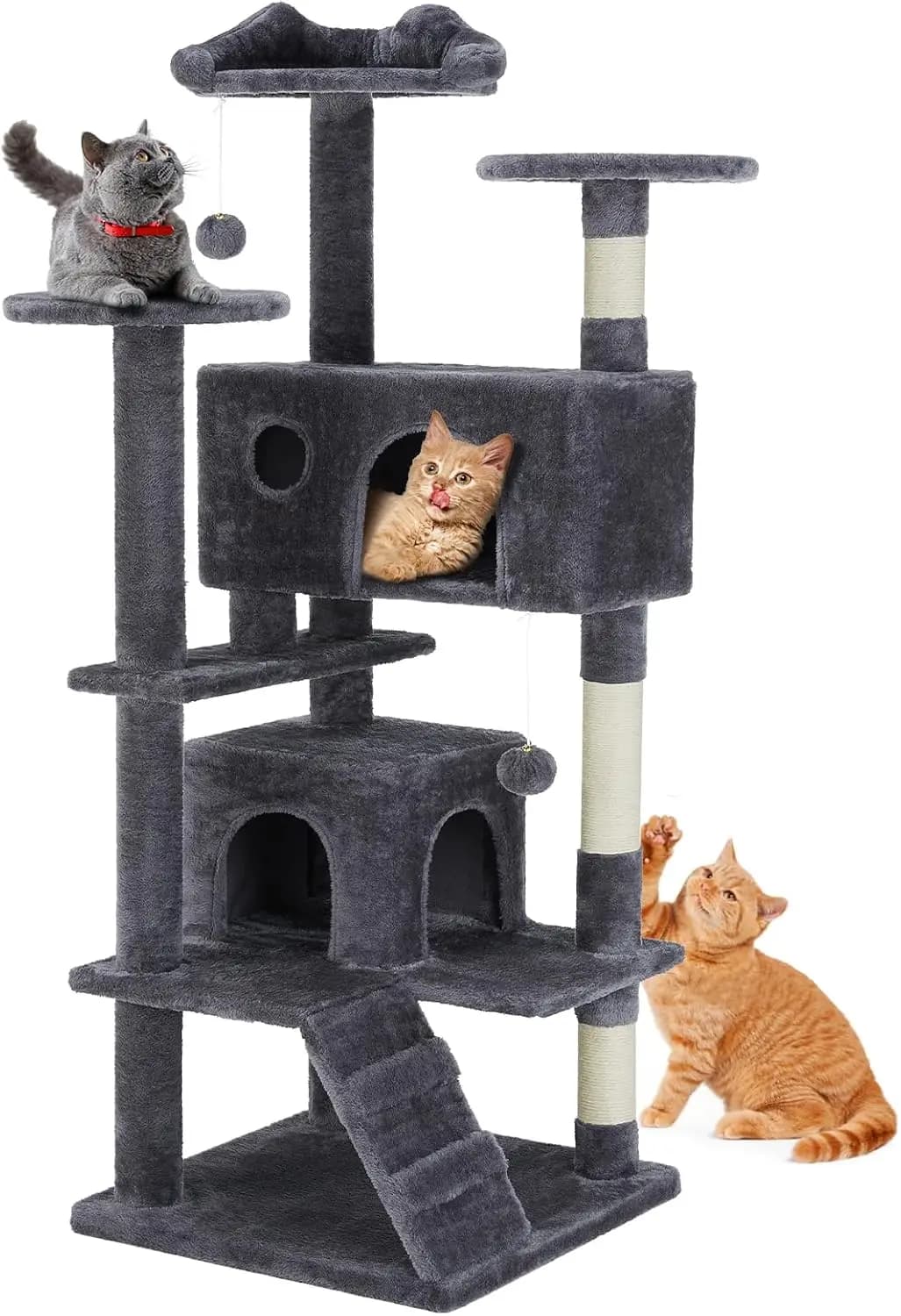 Albero per Gatti da Interno da 54 Pollici – Cuccia Multi-Livello per Gatti Grandi con 2 Cucce, Tiragraffi, Piattaforma Rotonda, Piccola Scala