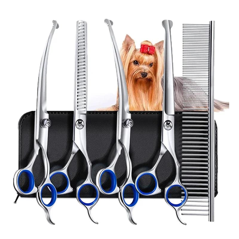 Set di forbici per toelettatura animali 5 in 1 in acciaio inossidabile con punta arrotondata, forbici sicure per sfoltire il pelo di cani e gatti, strumenti per la toelettatura.