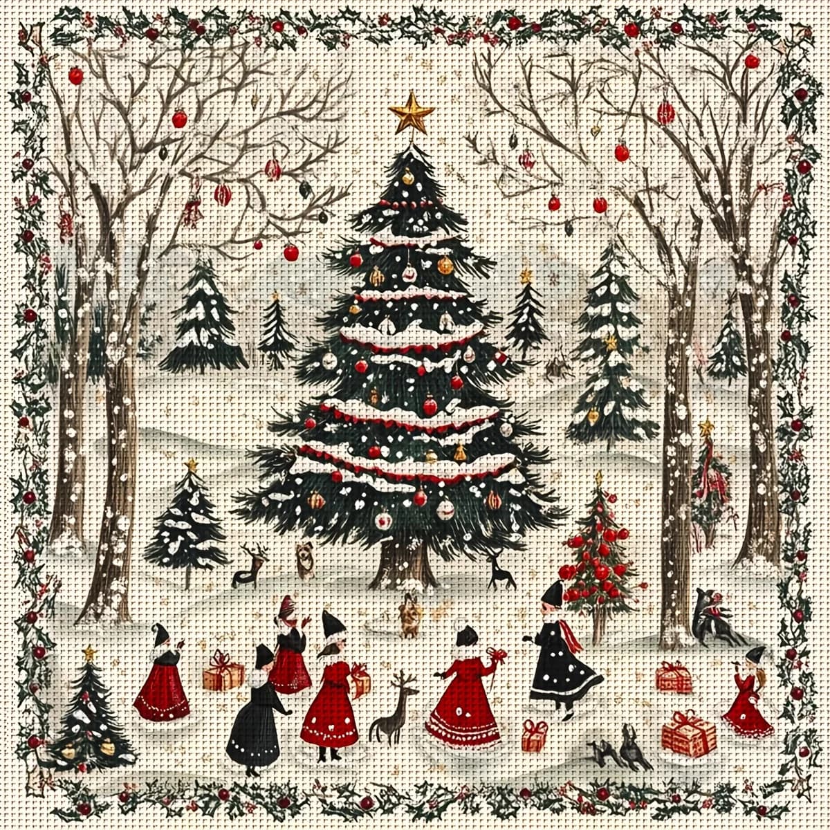 1PC 36X36cm/14.17X14.17inch, 11CT Print Cross Stitch DIY Kit, Winter Woodland, Adult Beginner's Relaxed Cross Stitch