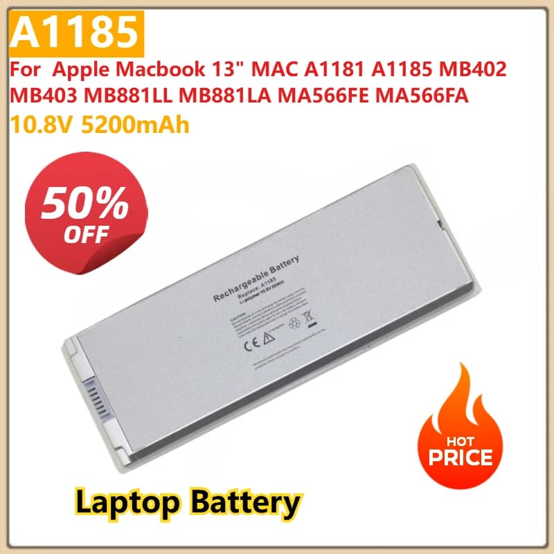 Batteria di ricambio per laptop A1185 10,8 V 5200 mAh per Apple MacBook 13 "MAC A1181 A1185 MB402 MB403 MB881LL MB881LA MA566FE MA566FA