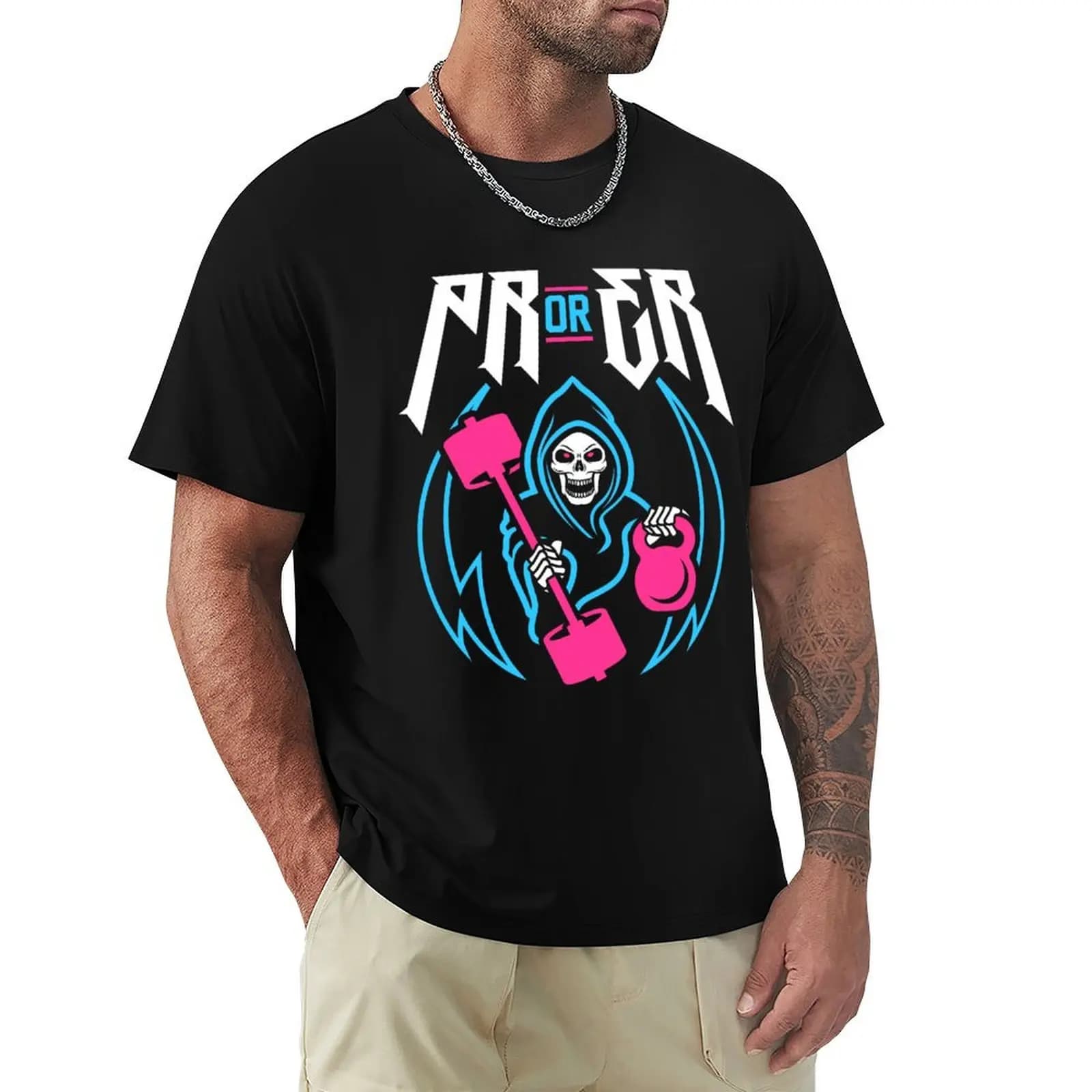 PR or ER (Gym Reaper Kettlebell & Barbell) T-shirt divertente con stampa in stile urbano per il sollevamento pesi