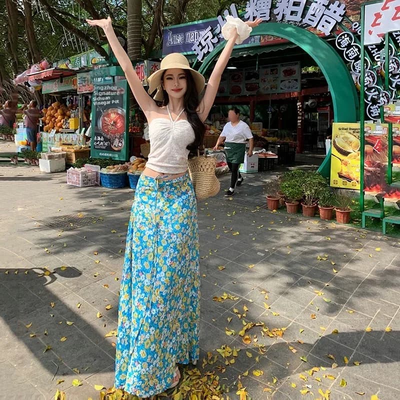 Travel Fashion Southeast Asia Set Dress Island Breeze Bright Beach Skirt Small Strap Floral Dress Two Piece Set High Waist ...