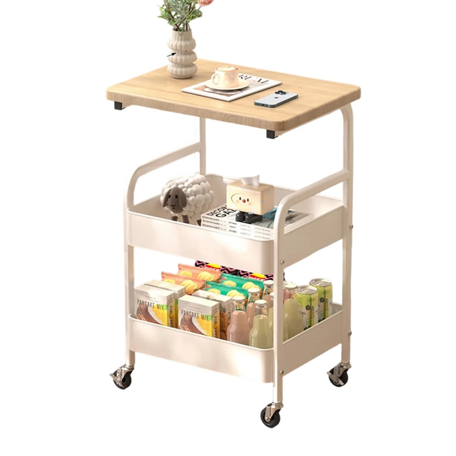 Carrello a 3 Ripiani - Carrello Portaoggetti con Piano in Legno e 2 Ruote Bloccabili, Organizzatore Multiuso per Cucina, Bagno, Ufficio, Casa ​