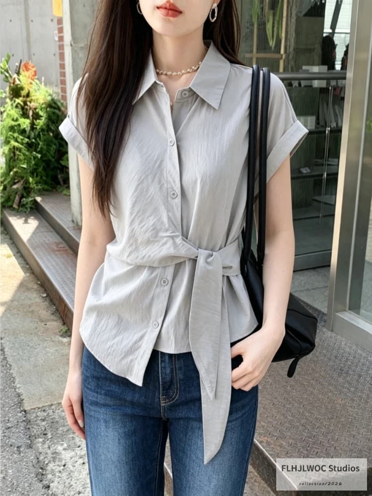 Camicia Elegante da Donna FLHJLWOC, Design Sottile Grigio Chiaro, Manica Lunga, Blusa con Lacci e Fiocco in Vita