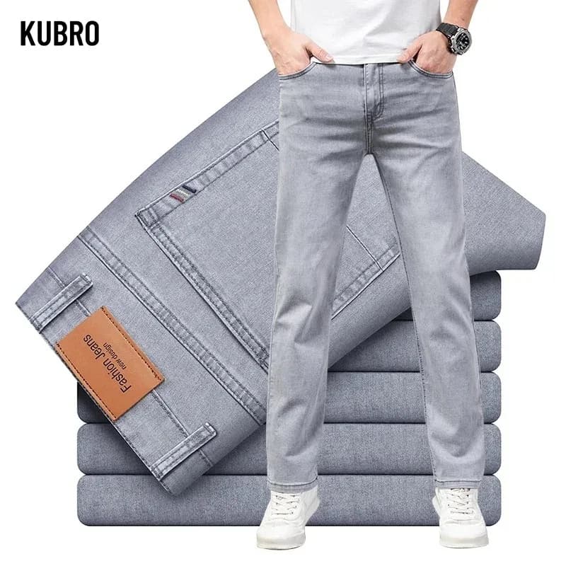 Jeans Estivi Elasticizzati da Uomo, Grigio Moda, Comodi, Business, Dritti, in Cotone Elasticizzato, Casual, Pantaloni in Denim di Marca, Sottili