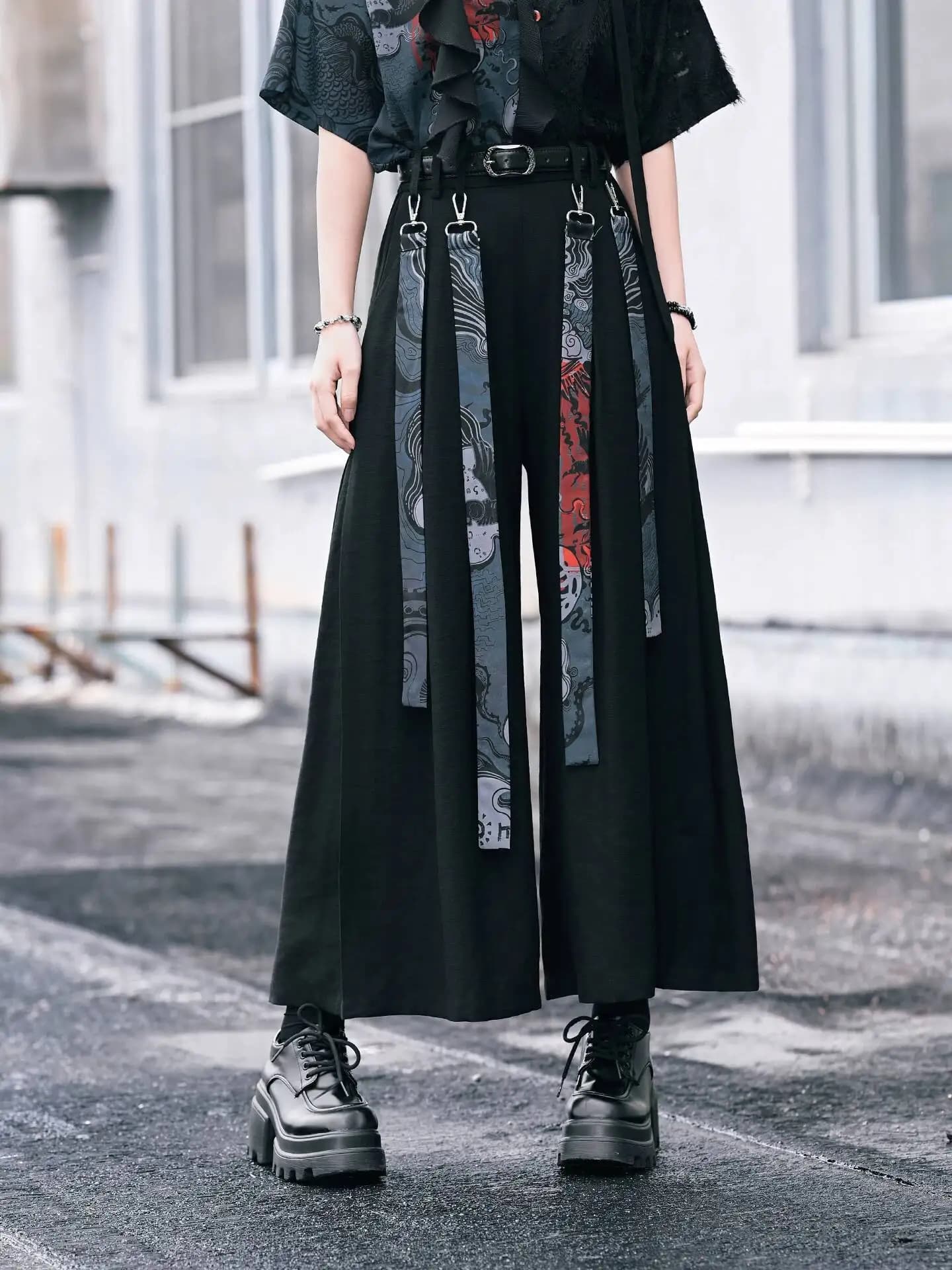 New Chinese Style National Style Han Elements Detachable Stamp Ribbon Wide-leg Pants Black Casual Pants