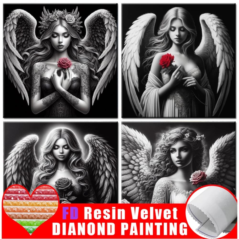 FD Resin Black White Angel Diy Diamond Painting Full Square Diamond Embroidery Cross Stitch Woman Rose Diamond Mosaic Wall Art