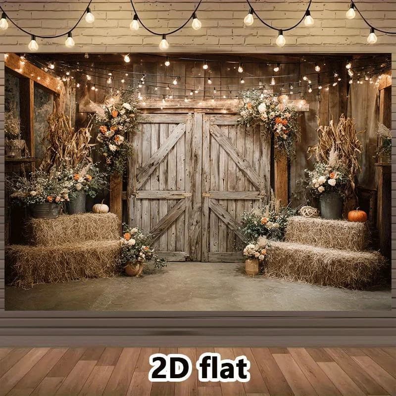 Tappeto Rustico 2D per Matrimoni Autunnali, Decorazione con Balle di Fieno, Fiori e Luci a Stringa, Sfondo Stile Country per Photo Booth e Banner per Feste