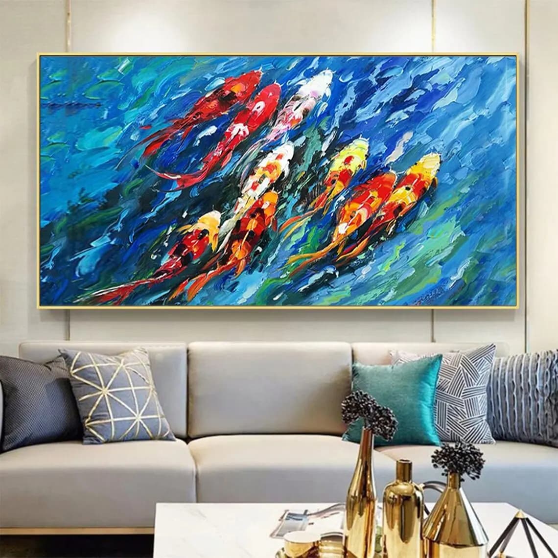 Large Colorful Koi Fish Oil Painting on Canvas Abstract Ocean Seascape Natural Landscape Wall Art Boho Home Decor