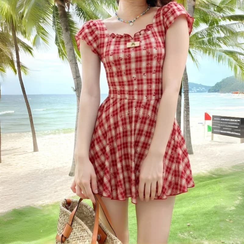 Costume da bagno intero da donna coreano con gonna, tankini a quadri, vestito da bagno imbottito, monokini a perizoma, modellante pancia, abbigliamento da spiaggia