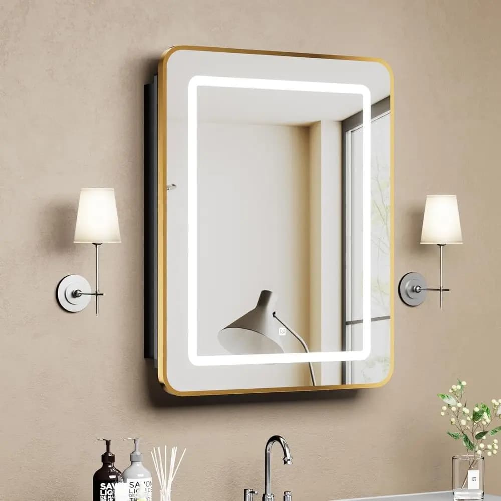 Led Medicine Cabinet with Mirror, Bathroom Vanity Mirror Cabinet with Shelves, 3-Color Lights Dimmer (Gold, 24" H x 16" W)