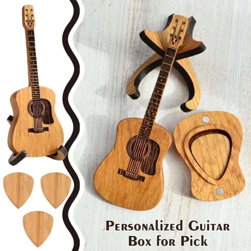 Scatola porta plettri per chitarra in legno, a forma di chitarra, dimensioni portatili, accessorio per chitarra, design mini, porta plettri.