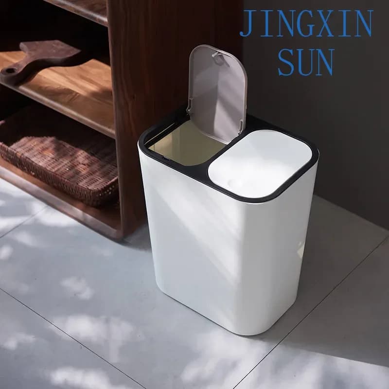 12L Rectangle Plastic Trash Can ZM808 - Push-Button Dual Compartment Recycling Bin, Classified Garbage & Waste Container