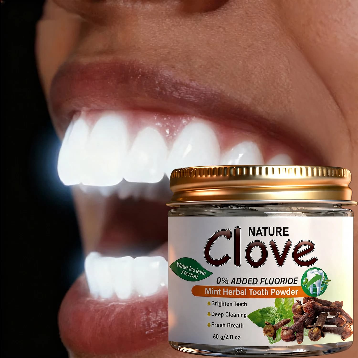 Polvere Dentifricia Naturale al Chiodi di Garofano e Menta - Senza Fluoro, Pulizia Profonda per Denti Luminosi e Alito Fresco