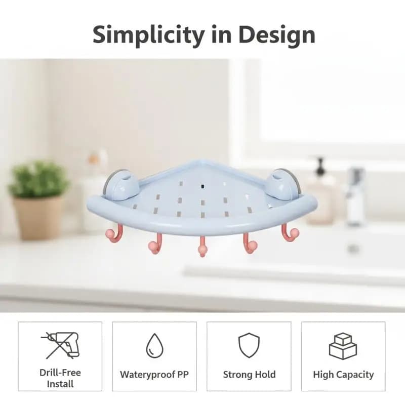 Suction Cup Corner Storage Rack With Drainage Holes Hanging Hooks Organizer for Bathroom Laundry Room Kitchen