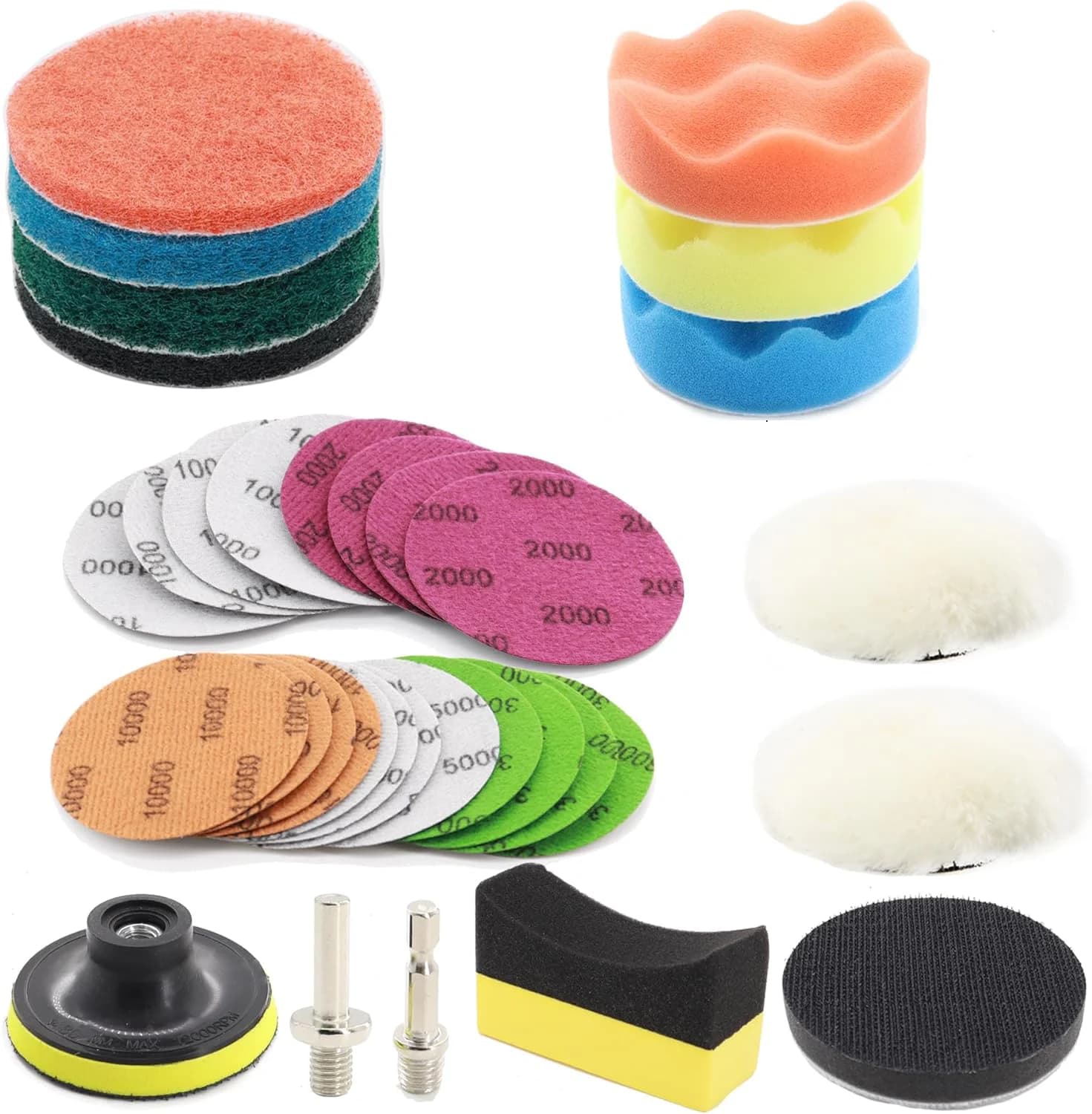 Kit di ripristino fari per auto da 3 pollici 75 mm 39 pezzi con tampone in spugna di lana di carta vetrata e spugna per pneumatici per lavaggio auto ceretta