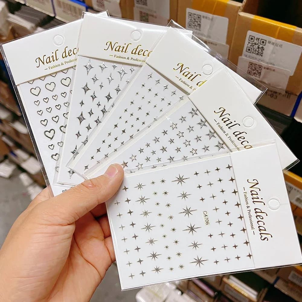 1Pc 3D Argento Specchio di Metallo Stella Nail Art Sticker Y2K Cuore Stelle Luna Decalcomanie Adesive 8*10 cm Croce Starlight Manicure Cursori