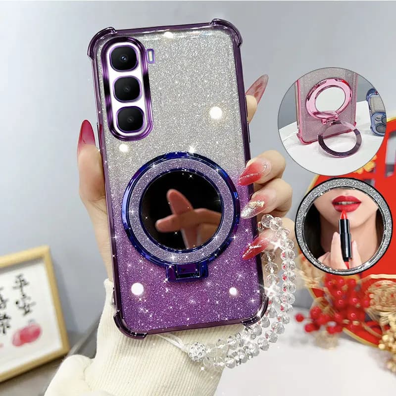 Custodia per telefono antiurto a quattro angoli glitterata con cinturino in rilievo con supporto a specchio per Infinix Hot 60 Pro Plus 60i 4G Custodia con cover posteriore