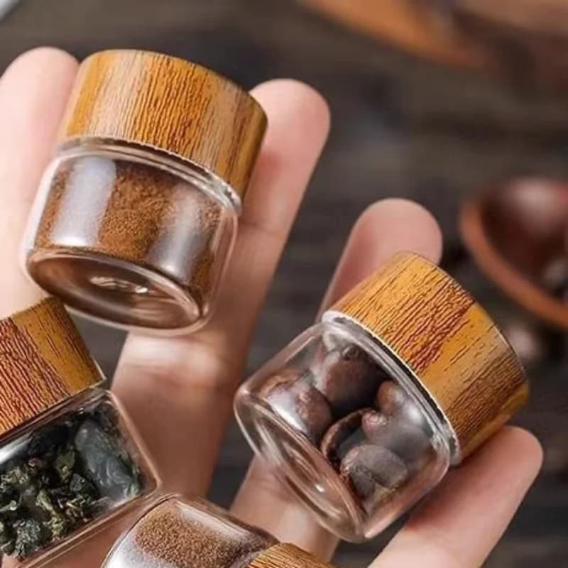 Hot Sale Coffee Bean Glass Tube With Wood Tool Bottled Tubes Grain Storage Wooden Sealed Airtight Canisters