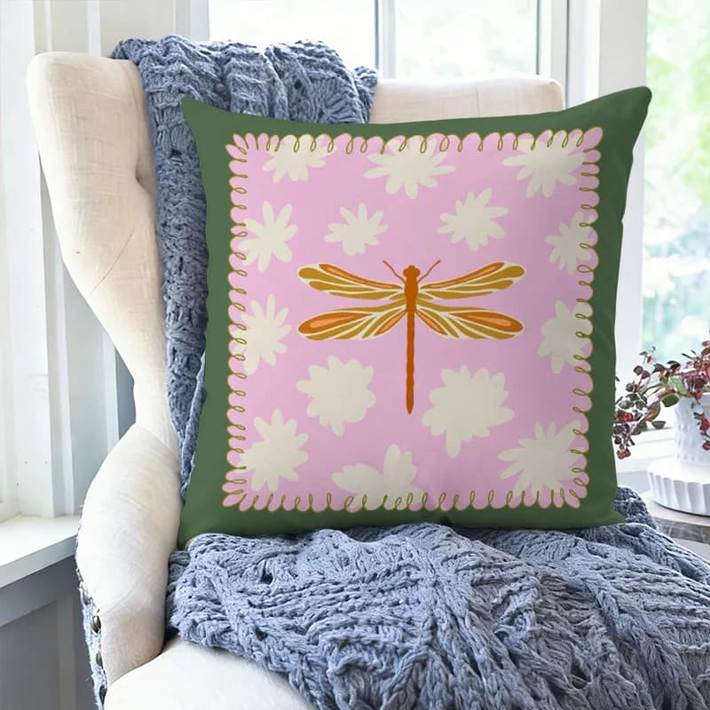 Pastel Dragonfly Daisy Pillow Case Double-sided Green Border Floral Throw Pillow Cover for Sofa Bedroom Home Garden Decoration