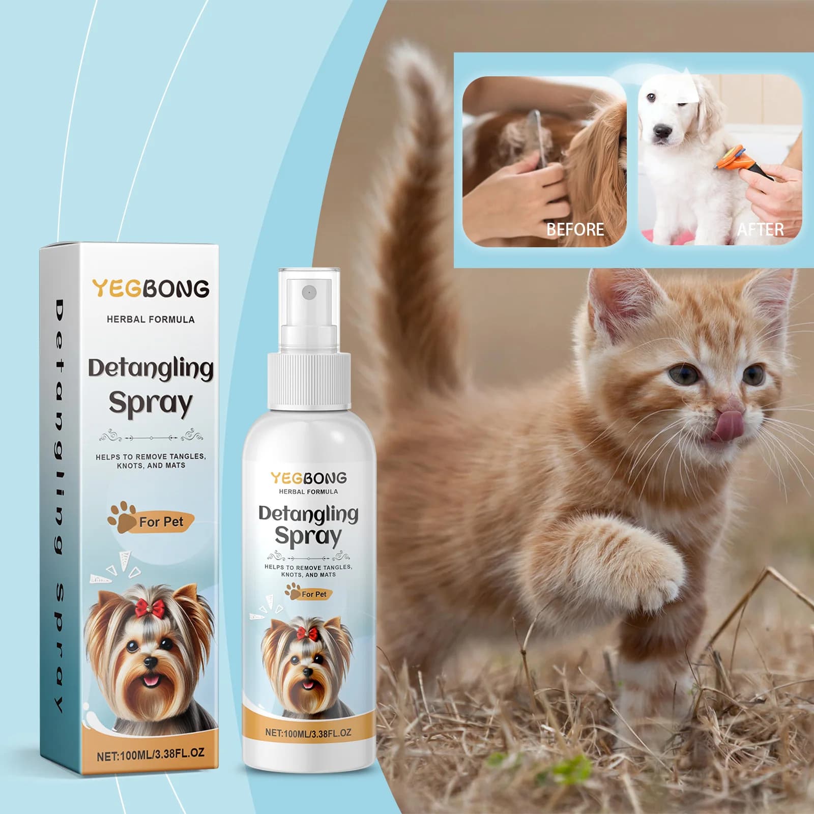 Spray Districante per Cani Yegbong, Spray per la Cura e Districamento del Pelo, Fragranza Fresca, Senza Risciacquo, per Tutte le Taglie, Strumento per la Toelettatura degli Animali Domestici, 100ml