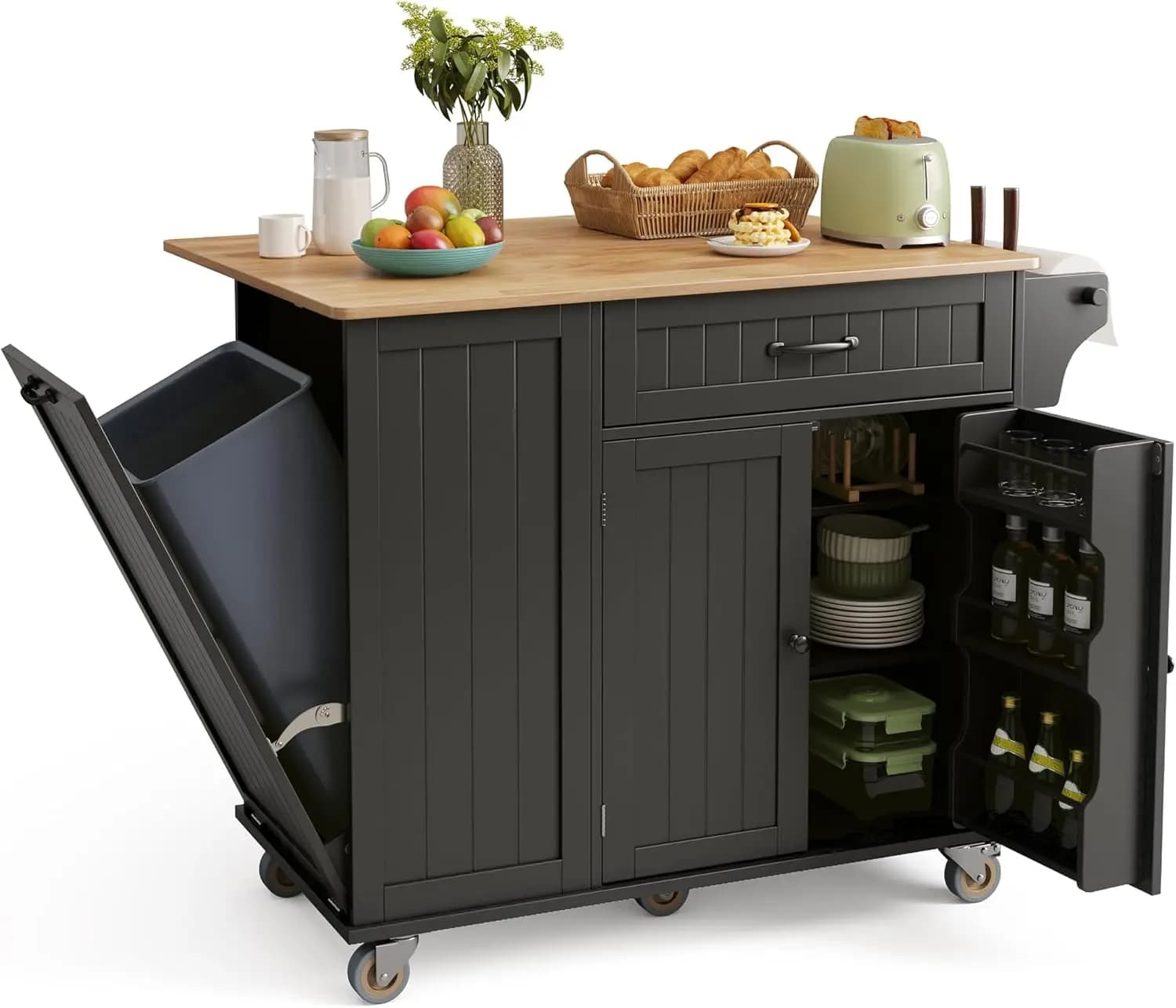 Isola da Cucina con Contenitore, Isola da Cucina da 113 cm con Vano Porta Rifiuti, Piano in Legno di Gomma con Funzione Drop Leaf, Porta Coltelli, Ripiani Regolabili