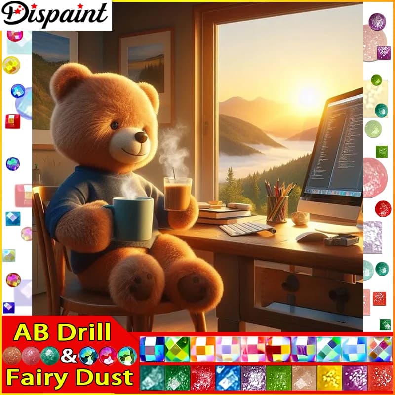 Dispaint Fairy Dust AB 5D Diamond"Bear Animal Coffee"Diamond Embroidery Full Round/ Square Diy Diamond Painting Cross Stitch Hom