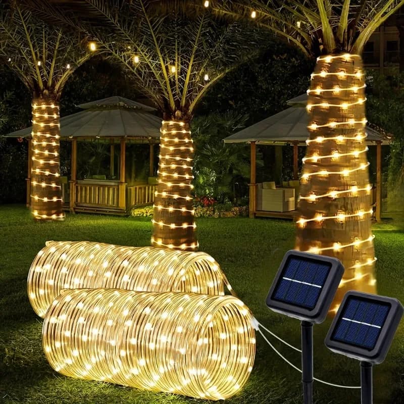 Luci solari a corda per giardino, impermeabili, a tubo, per decorazioni natalizie e illuminazione esterna per le feste