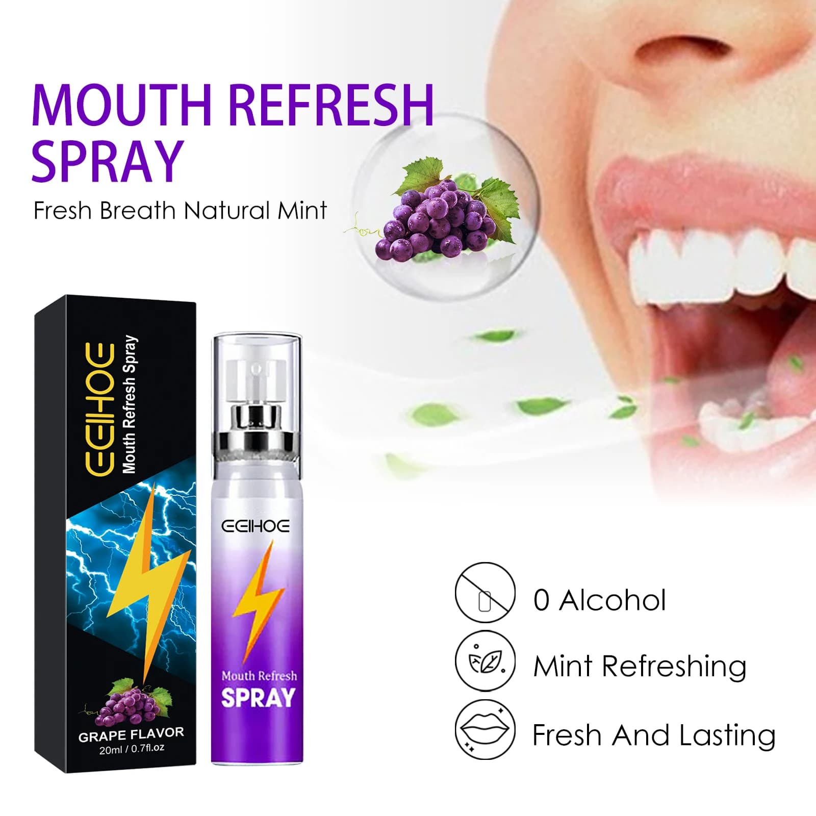 Spray orale al gusto di menta e uva Rimuovi l'alito cattivo Deodorante portatile fruttato a lunga durata Prodotti rinfrescanti per l'igiene orale