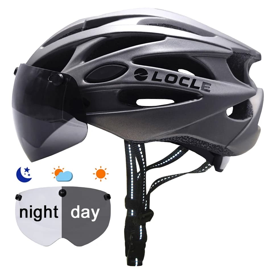 Casco da Ciclismo LOCLE con Lenti Fotocromatiche Magnetiche, Casco per Bici da Strada e Montagna, Casco In-Mold con Visiera Magnetica