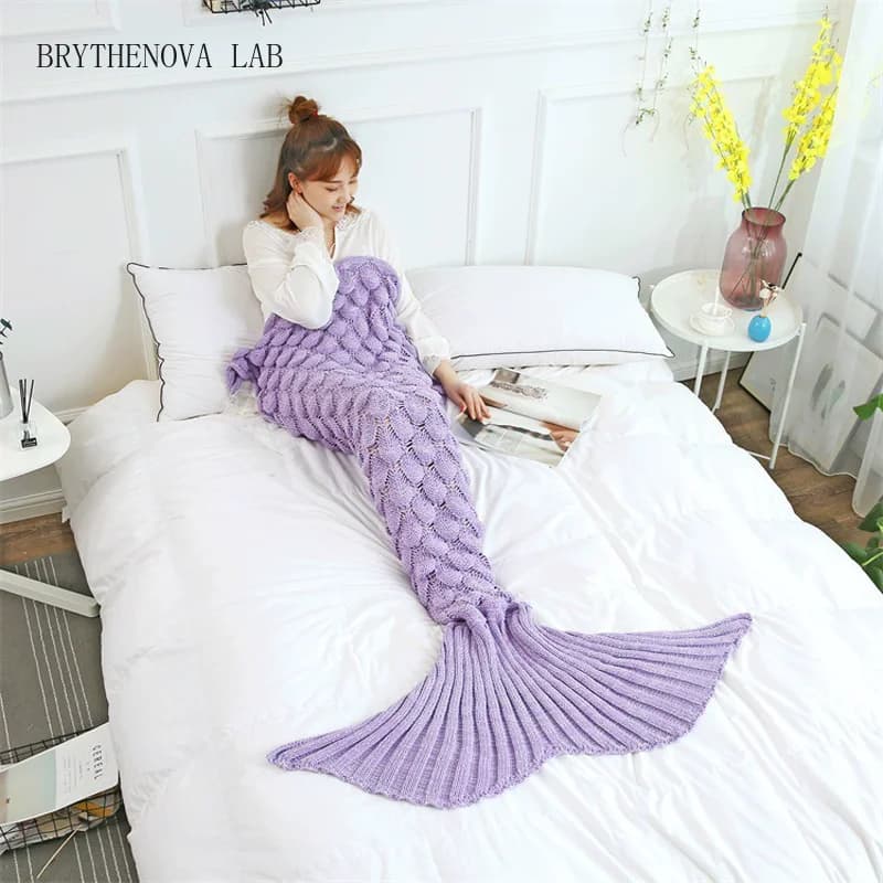 Super Soft Handmade Crochet Mermaid Tail Blanket for Kids & Adults - Cashmere Faux Yarn Knitted Bed Wrap Cozy Throw Bedding Gift