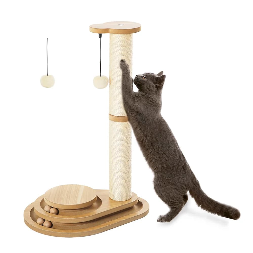 Pista interattiva per gatti con doppia palla in legno di sisal per gatti, giocattolo per gatti sospeso per interni, albero per gatti e tiragraffi confezionati in cartone