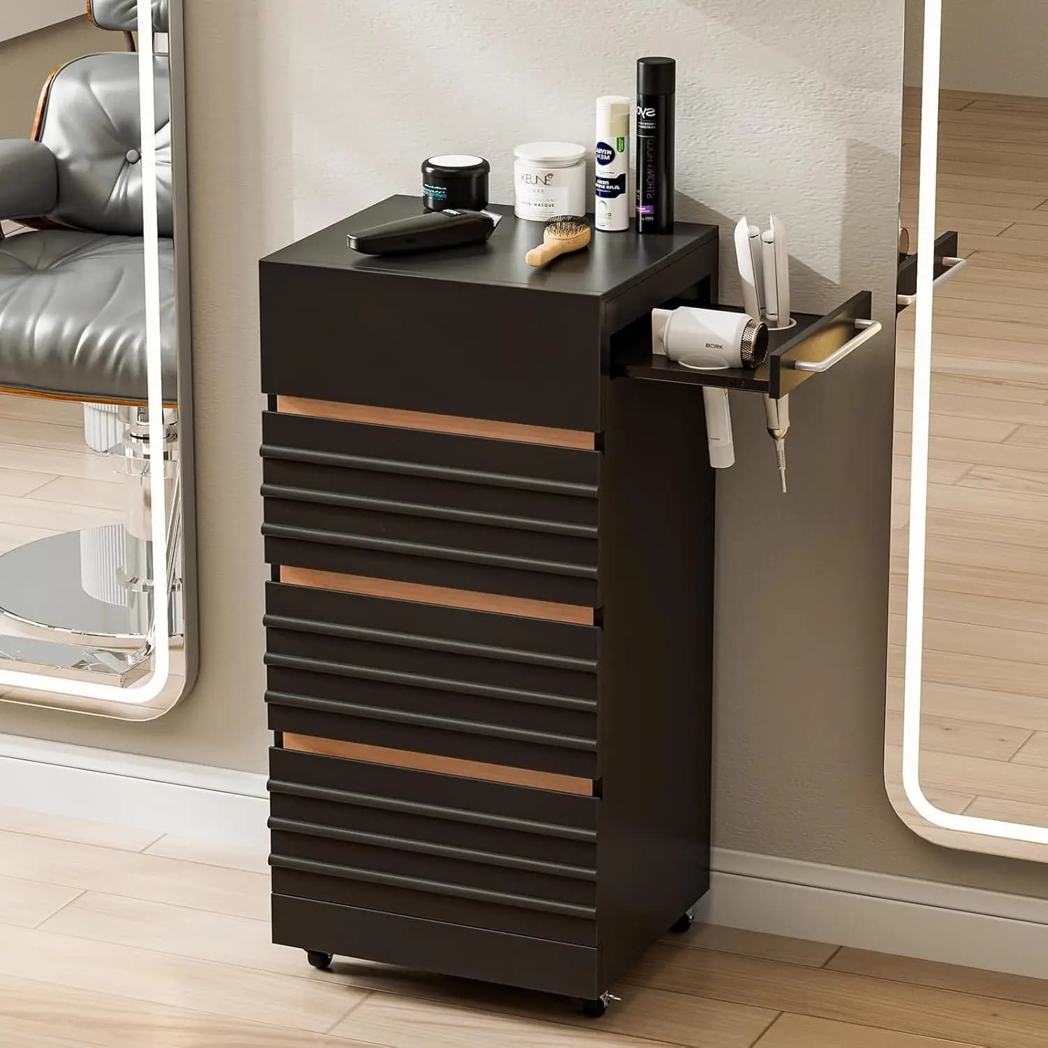 Carrello da Salone con Ruote Bloccabili, Carrello per Parrucchieri con 3 Supporti per Asciugacapelli, Montaggio a Parete per Trucco, Personalizzabile