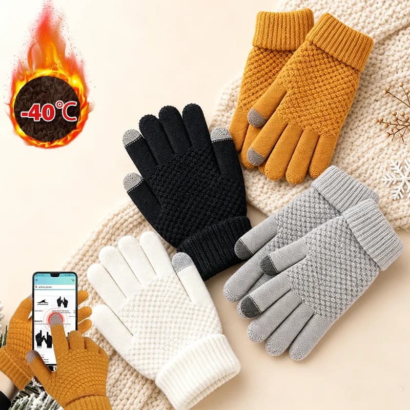 Thickened Warm Winter Gloves Touch Screen Compatible Soft Knitted Finger Gloves for Running Skiing Hiking Cold Weather