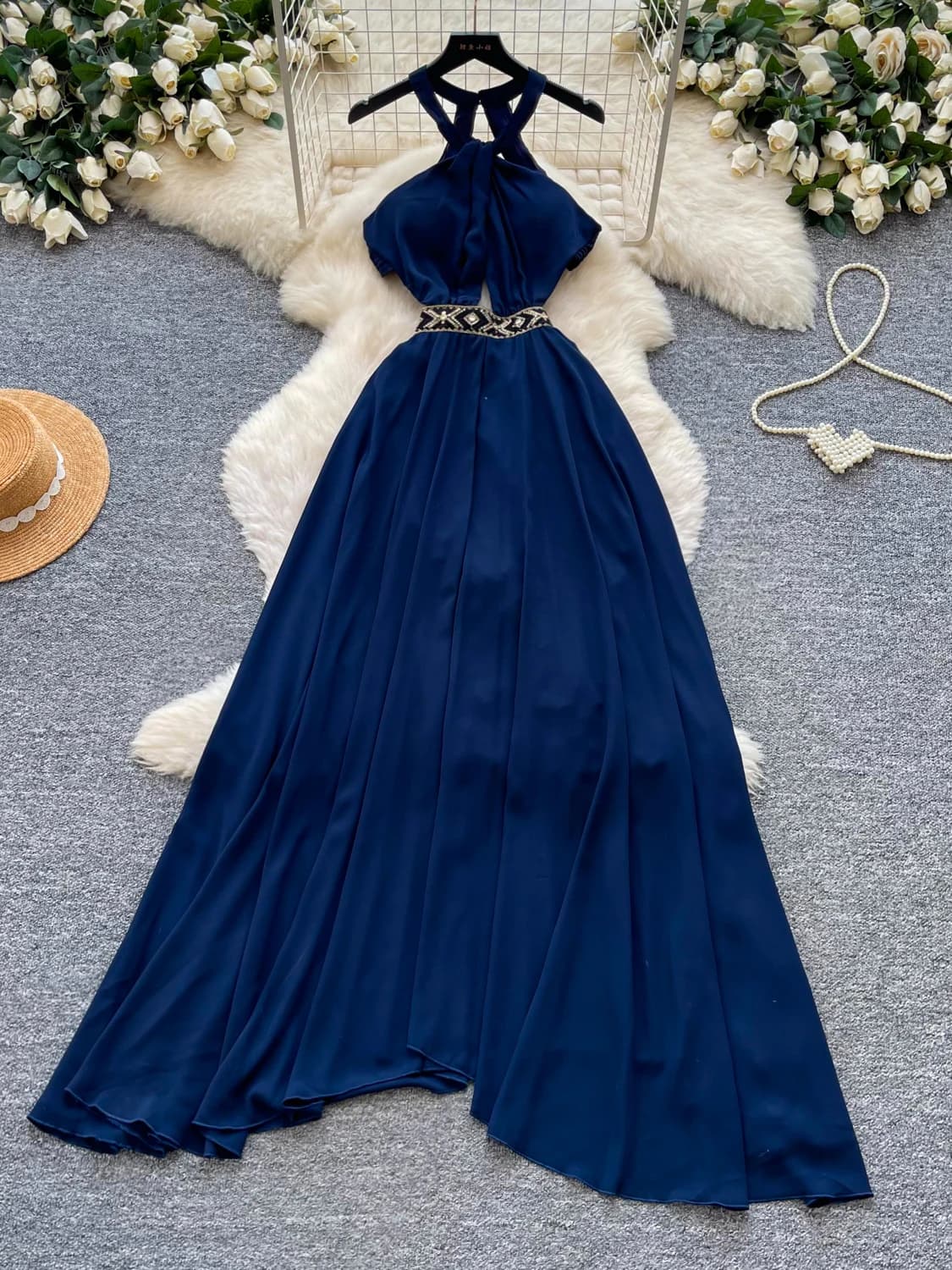 Summer Vacation Style Off-Shoulder Backless Women's Dress High Waist Slimming Long Skirt Korean Version A-Line Dress